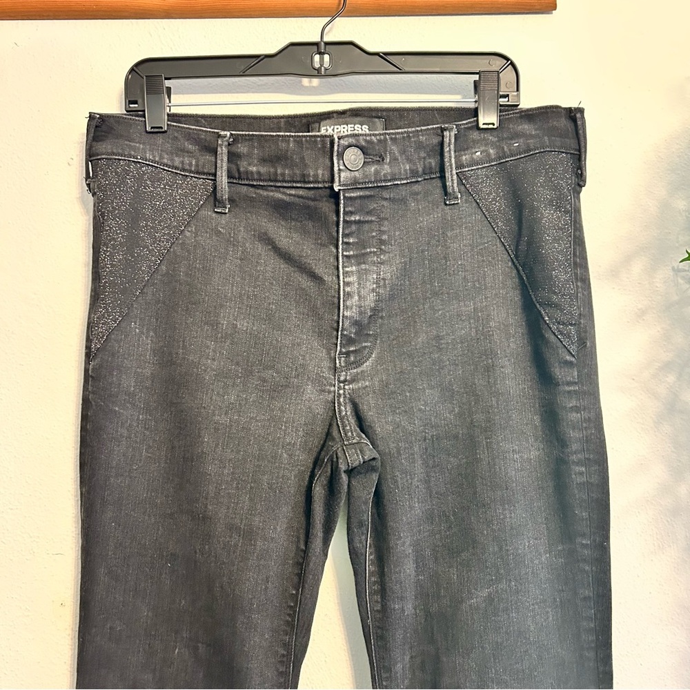 Express Black Bell Flare Mid Rise Jeans with Lurex Detail Size 14 Long - Picture 3 of 7